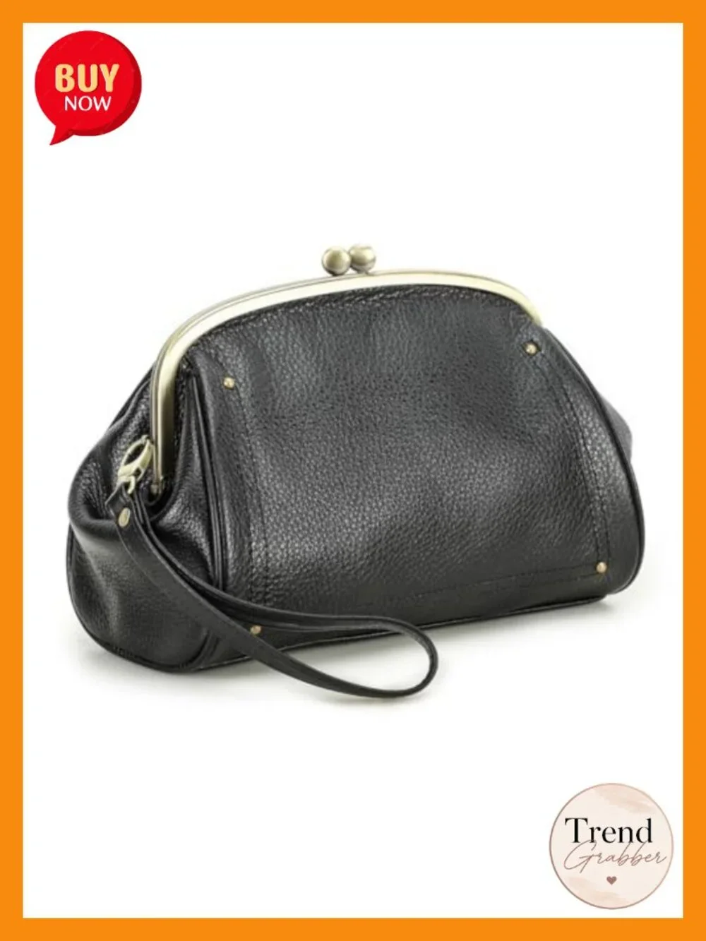 Full Grain Leather Kiss Lock Clutch Purse with Wristlet Strap